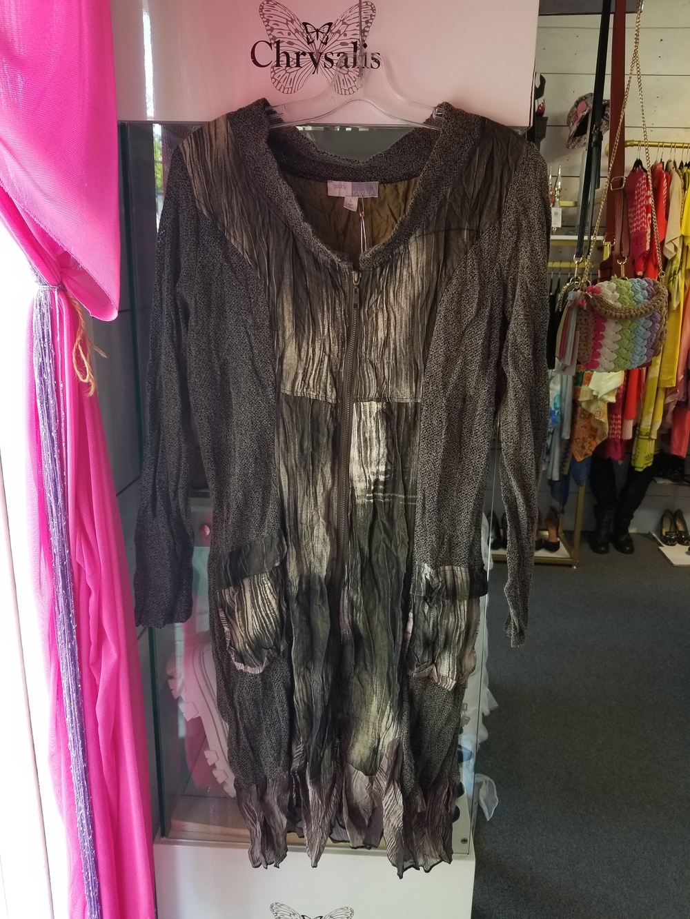 Gabby Isabella gray and black crinkled long jacket dress